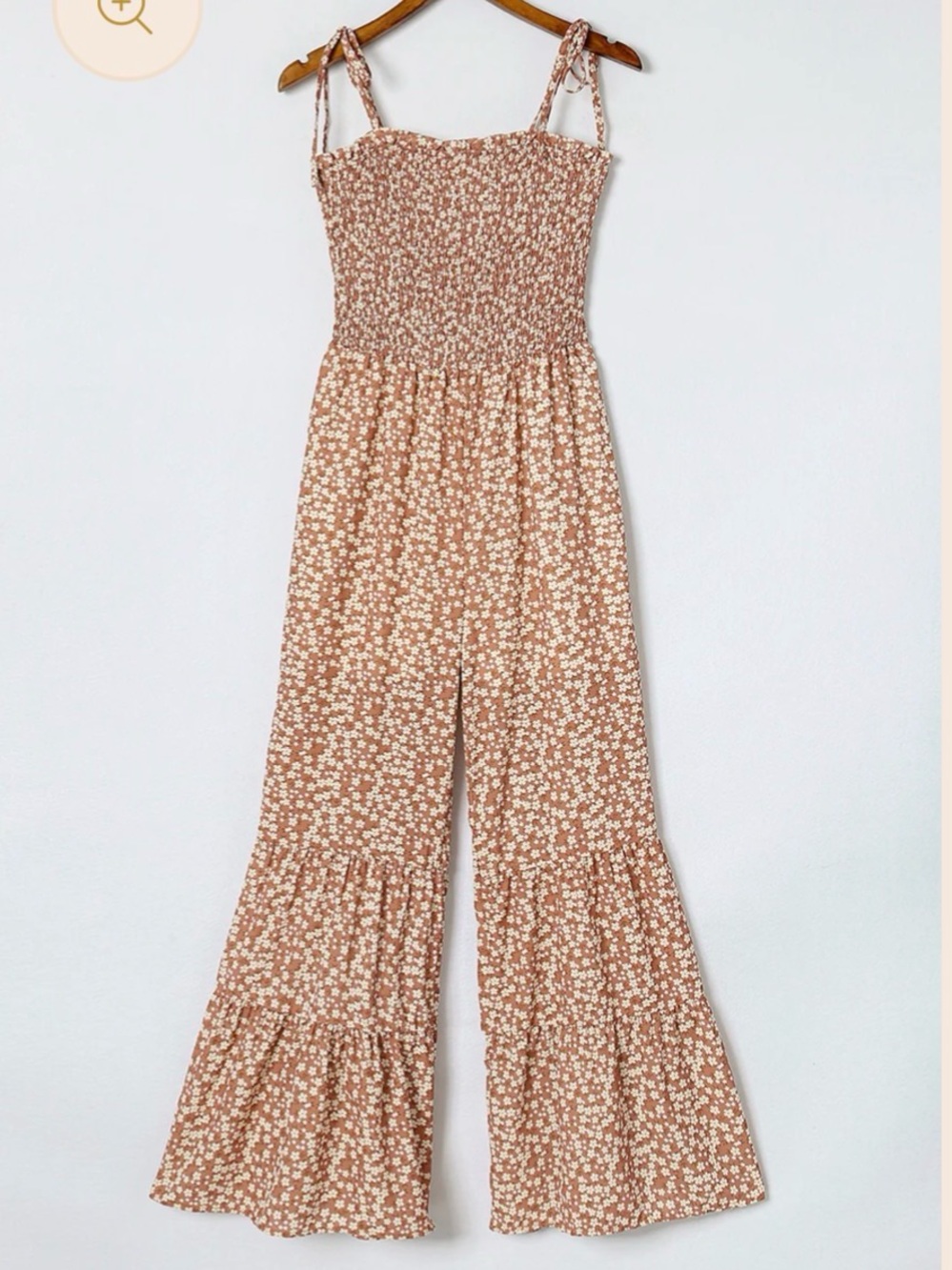 Smocked Bodice Floral Jumpsuit in Khaki/ Orange- Ruffle Wide Leg Adj Thin Straps - Picture 5 of 12